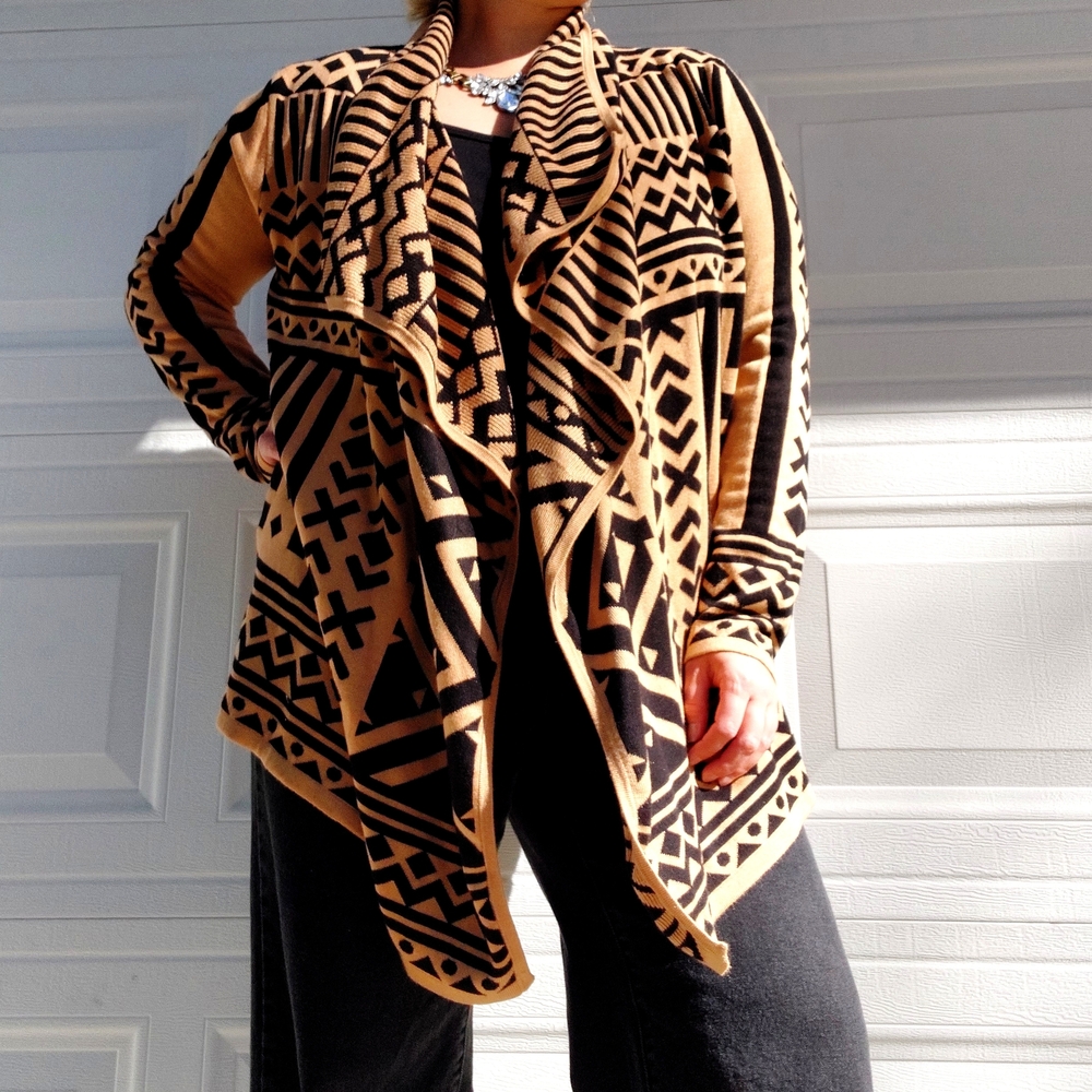 K Jordan Black and Tan Aztec Open Front Waterfall Cardigan